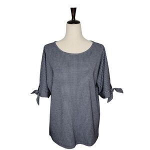 Talbots Navy Blue & White Gingham Tie Elbow Sleeve Blouse Size L